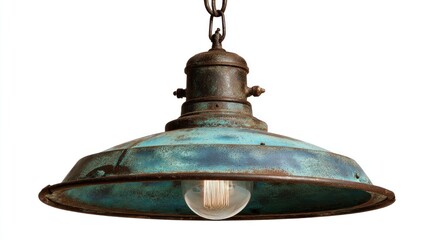 An antique pendant light with a weathered teal-green metal shade and matching rusted fixtures, held by a metal chain. The bulb is visible