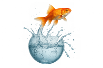 Goldfish jumping from a broken glass bowl, finding freedom and escaping limitations with bursting water splash