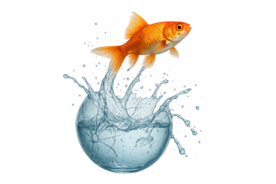 Goldfish jumping from a broken glass bowl, finding freedom and escaping limitations with bursting water splash