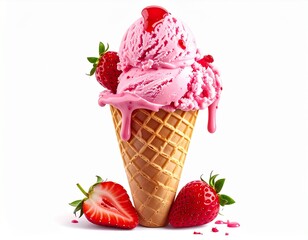 Strawberry ice cream in waffle cone