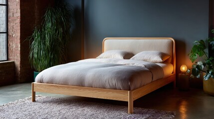 Modern bedroom with a wooden bed in the center. the bed has a wooden frame with a light beige upholstered headboard and footboard.