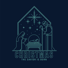 Fototapeta premium Christmas, the savior is born - Green mint line modern drawing The Nativity with mary and joseph in a manger with baby Jesus at star light on dark blue background vector design