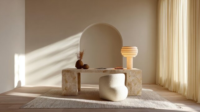 Modern and minimalist interior design of a room with a large window on the right side. the window has sheer white curtains that let in natural light.