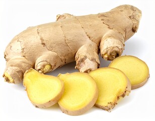 Fresh ginger root slices isolated