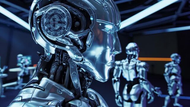 Robot in laboratory testing area. Chrome android shows mechanical joints. Artificial intelligence robotics systems. Automation technology panels display data. Futuristic cyborg design highlights