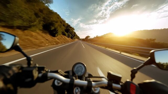 Biker enjoying a sunset ride along a scenic mountain road in the early evening
