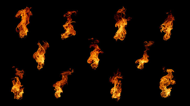 Collection of realistic fire flames isolated on black background, perfect for digital art, design and visual effects. Ideal for explosion scenes burning energy visuals or cinematic action compositions