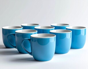 Blue ceramic mugs arranged in a row