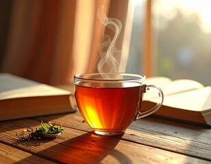 Hot tea with book and sunlight