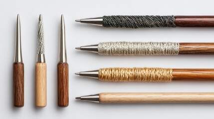 Collection of crafting tools with wooden handles and metal tips. Some handles are plain, others are wrapped with decorative thread