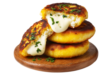 Ecuador Lapingachos fried potato patties stuffed with cheese and sprinkled herbs, isolated on white background