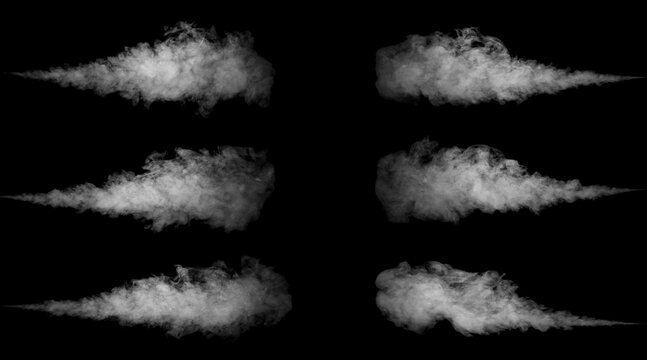 Set of white smoke clouds on black background, isolated vapor texture collection for design, visual effects, and digital art. Ideal for fog overlays, explosion scenes, or industrial pollution concepts