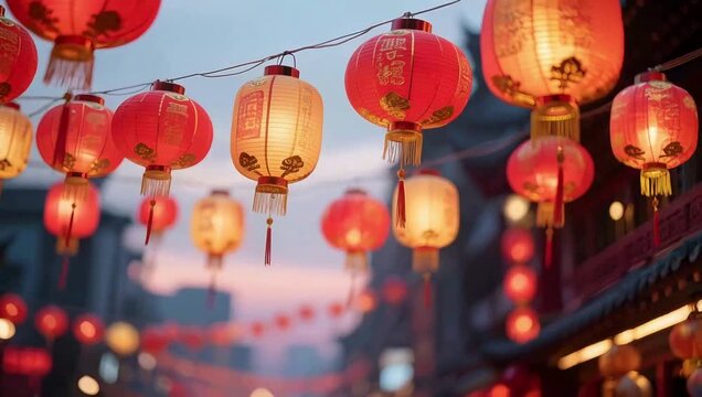Hanging red and yellow lanterns at dusk