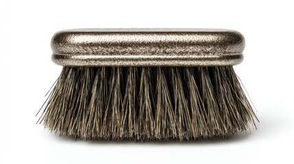 A close-up, well-lit shot of a small, oval-shaped brush with a metal casing. The bristles are dense, dark, and protruding