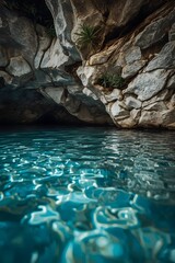 Scenic turquoise cave spring with serene atmosphere