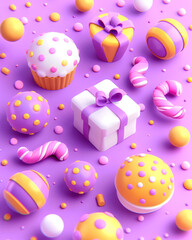 Celebration items creating playful sweet pattern with gifts, cupcakes and candies