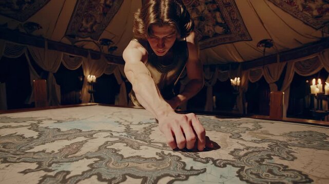 Man studying map and planning. Knight commander examines campaign map on table. Strategy and war planning unfold inside ornate medieval tent. Candlelit atmosphere highlights focused tactical talk.