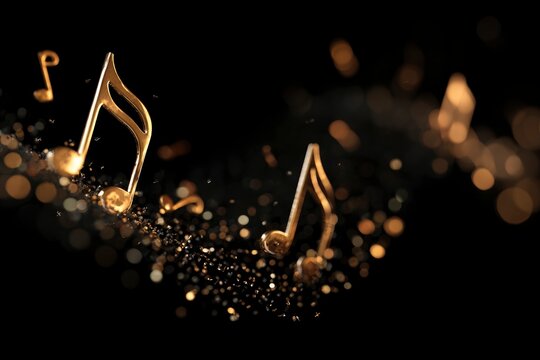 A captivating display of gleaming golden musical notes, rendered in luxurious metallic tones, appearing to dance and flow amidst a cascade of sparkling golden particles and soft, ethereal bokeh lights