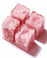 Pink ice cubes chilling drinks, melting with condensation and bubbles, refreshing cool