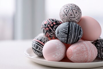 A visually appealing collection of artfully decorated eggs is arranged on a crisp white plate, showcasing a harmonious blend of modern aesthetics and traditional craftsmanship. The eggs feature an eng
