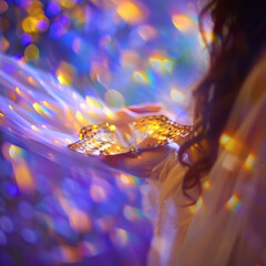 Woman's hand holding a glowing butterfly with shimmering bokeh lights