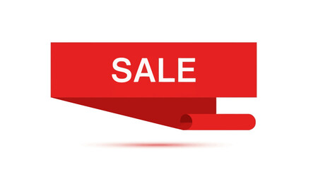 Red sale banner with curled edge and white text on a white background.