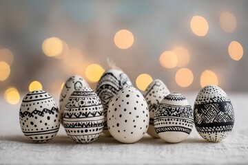 A captivating arrangement of white eggs, meticulously adorned with intricate black and white patterns, stands gracefully on a textured light surface. The detailed designs, ranging from playful dots to