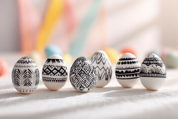 A charming arrangement of six beautifully decorated eggs, each featuring unique and intricate black patterns against a clean white surface. The eggs stand in a row, casting soft shadows on a textured 