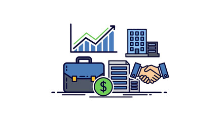 Business-related illustration featuring a briefcase, documents, handshake, buildings, and a growing graph.