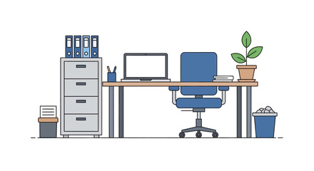 Illustration of a desk with a laptop, chair, filing cabinet, and other office supplies.