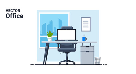 Modern office interior with a desk, laptop, and a window view of the city skyline.