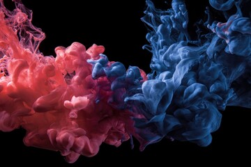 A mesmerizing abstract composition showcases vibrant, ethereal clouds of red and blue fluid expanding and swirling gracefully against a deep black background. The dynamic collision and intertwining of