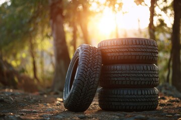 A pristine stack of robust vehicle tires stands prominently on natural, earthy ground, accompanied by an additional tire leaning nearby. The rich, dark rubber and intricate tread patterns are highligh
