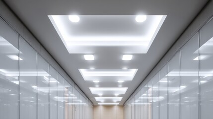 Obraz premium A perspective view of a long, brightly lit corridor with recessed square ceiling lights and glass-walled compartments