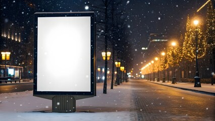 Christmas advertisement billboard at snowy night with festive lights lining the street, perfect for showcasing holiday promotions and winter displays