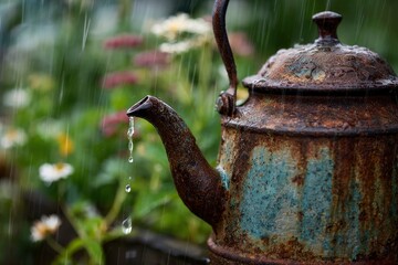 A close-up captures an antique, weathered metal kettle, its surface richly textured with deep rust and subtle blue-green patina, as a gentle rain shower descends. Numerous glistening raindrops cling t