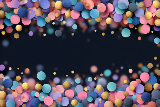 Festive design. Border of colorful bright confetti isolated on transparent background. Party decoration frame for birthday, anniversary, celebration. Vector illustration, eps 10.