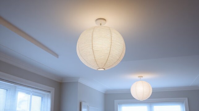 Two round paper lanterns hanging from a white ceiling provide soft, ambient light in an interior space