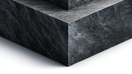 Angular grayscale image showcases a textured, dark geometric shape, possibly stone or a manufactured solid, with visible graining and sharp edges