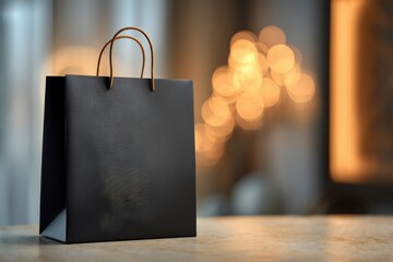 A sleek black shopping bag with elegant golden handles stands upright on a subtly textured, light-colored surface. The background is artfully blurred, featuring warm, glowing bokeh lights that create 