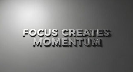 Motivational wall art displaying the phrase 'Focus Creates Momentum' in bold, metallic letters on a plain, light gray background to inspire productivity and determination