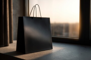 A sleek, unbranded black shopping bag stands elegantly on a textured windowsill, bathed in the soft, warm glow of natural light filtering through a nearby window. The gentle illumination highlights th