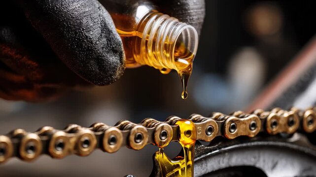 Bicycle chain maintenance involves applying lubricant in a garage setting during daylight hours