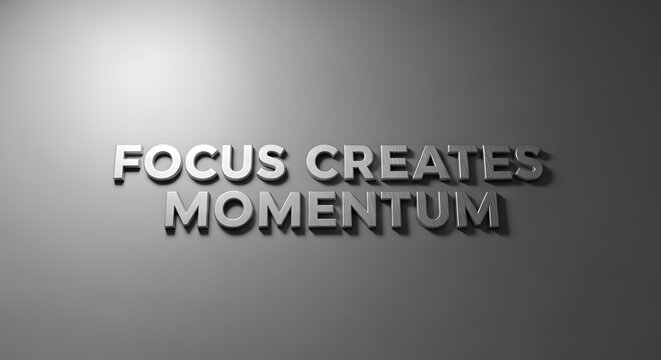 Motivational wall art displaying the phrase 'Focus Creates Momentum' in bold, metallic letters on a plain, light gray background to inspire productivity and determination