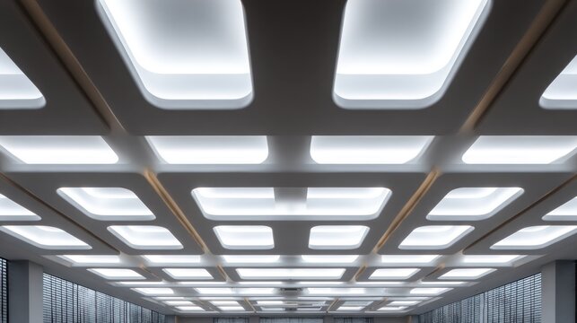 An illuminated, decorative ceiling with recessed rectangular lighting panels