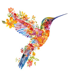Floral hummingbird art on transparent background