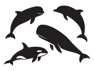 Silhouettes of various whale species leaping and swimming showcasing their marine grace vector illustration
