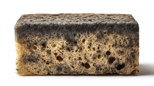 Close-up of a rectangular porous sponge; tan and black layers, irregular texture, cast shadow on white surface