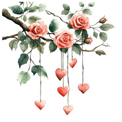 Roses and hanging hearts on transparent background