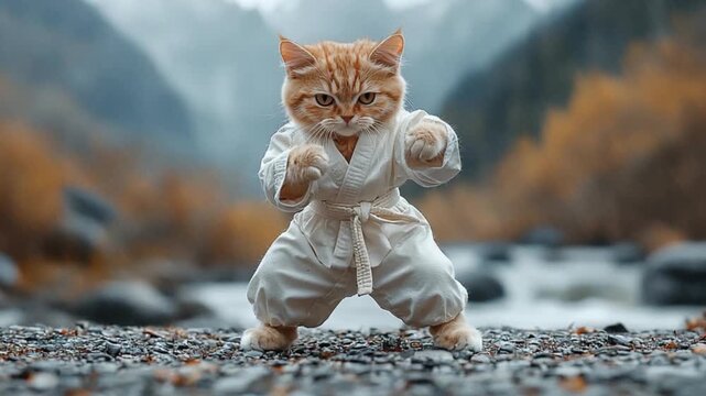 A determined ginger cat strikes a powerful karate pose amidst a rainy outdoor setting.